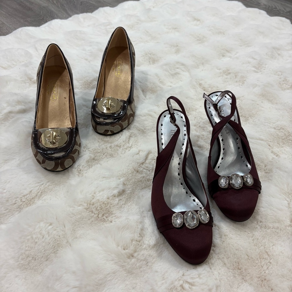 Coach Cybel|BCBGirls satin sling back heel in brown burgundy - 6.5/7